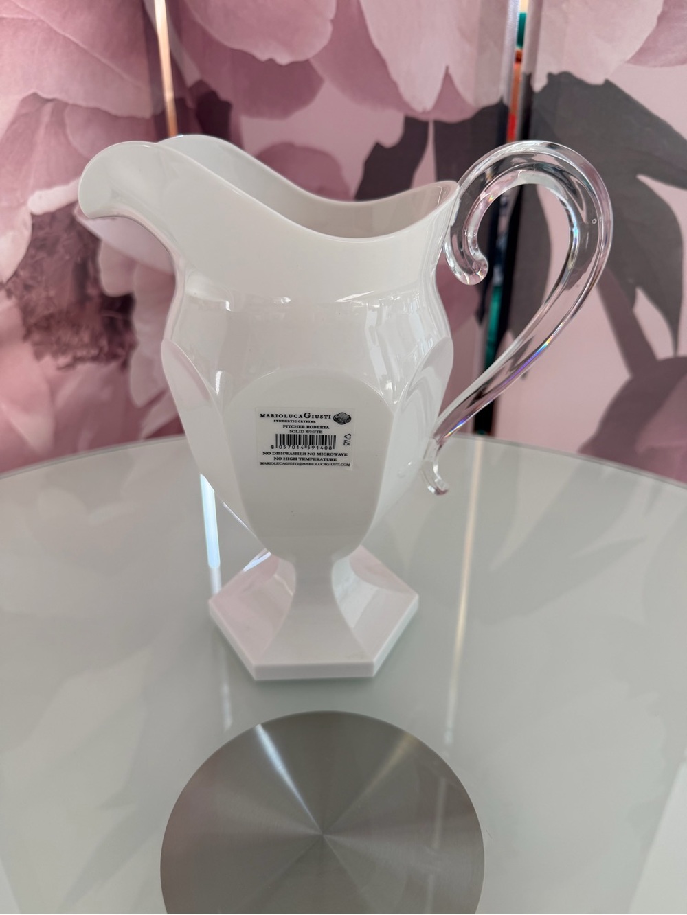 Mario Luca Giusti White Enamel Pitcher with Clear Handle